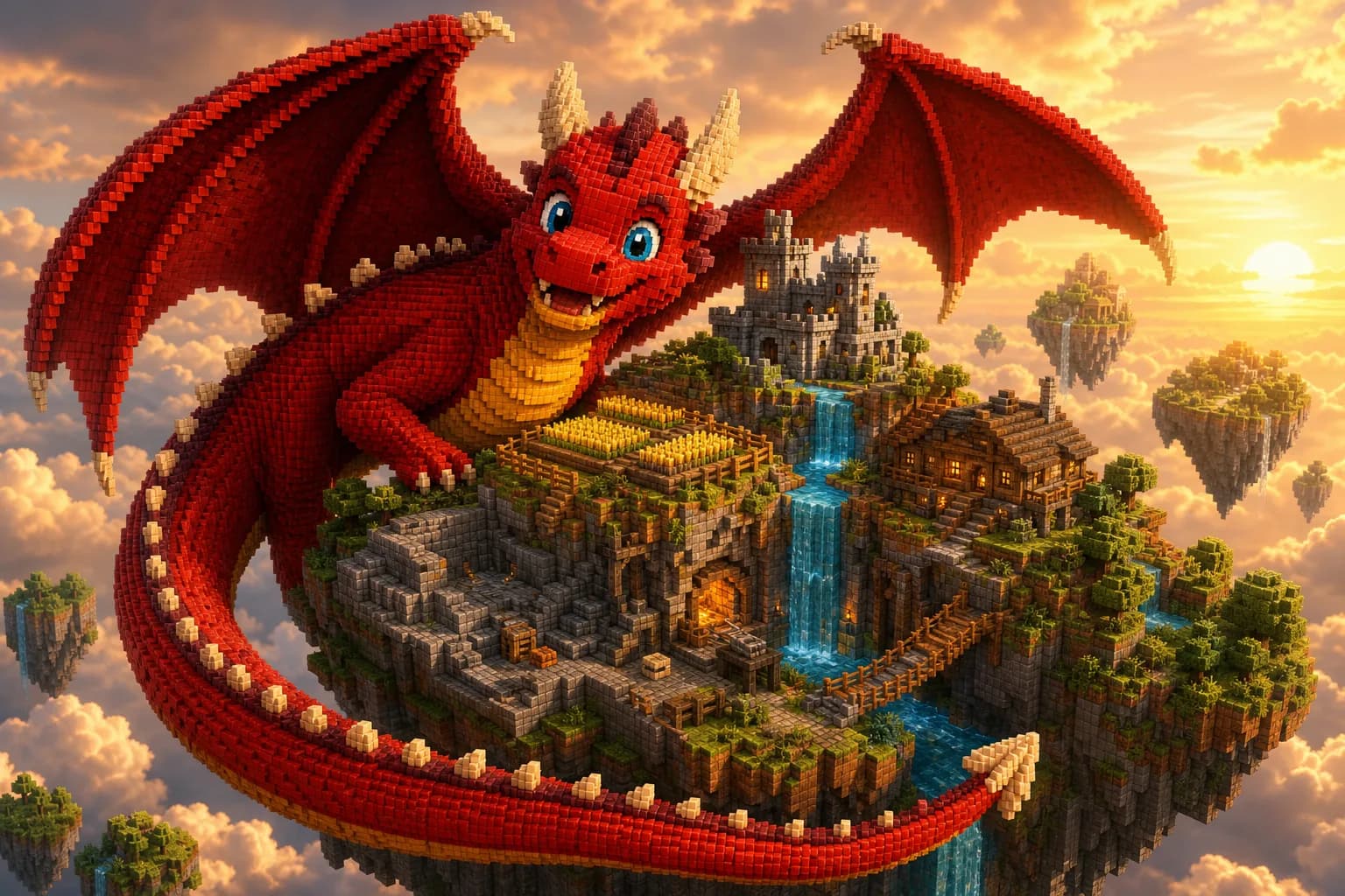 Le dragon adulte, ailes rouges déployées, s’enroule autour d’une grande île flottante.
