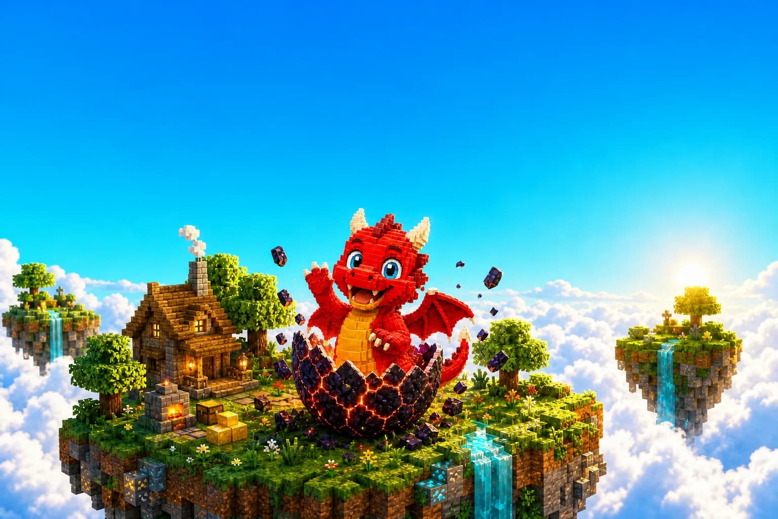 Un bébé dragon rouge en blocs sort d’un œuf d’obsidienne fendu de lave, sur une île flottante, dans un grand ciel bleu.