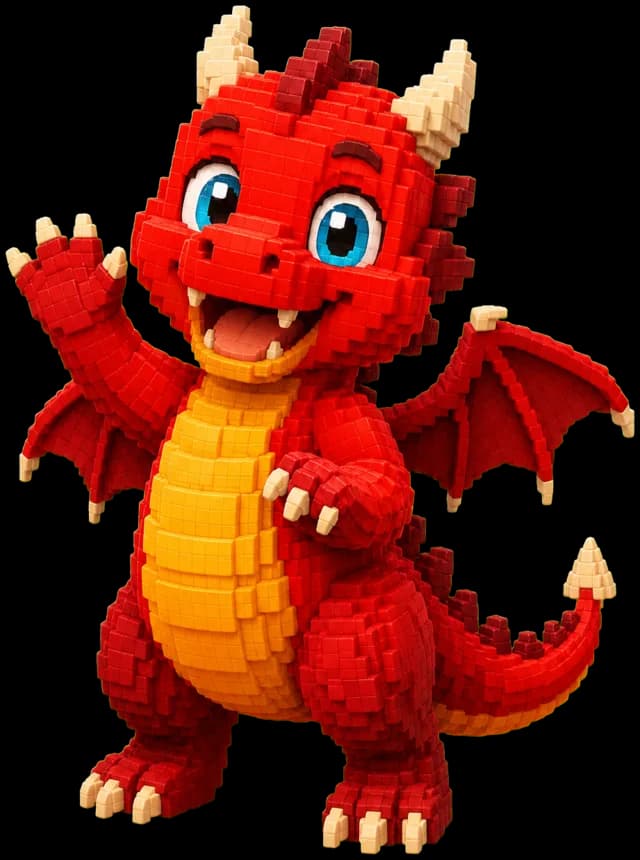 Le dragonnet rouge au ventre doré, tout sourire, fait coucou.