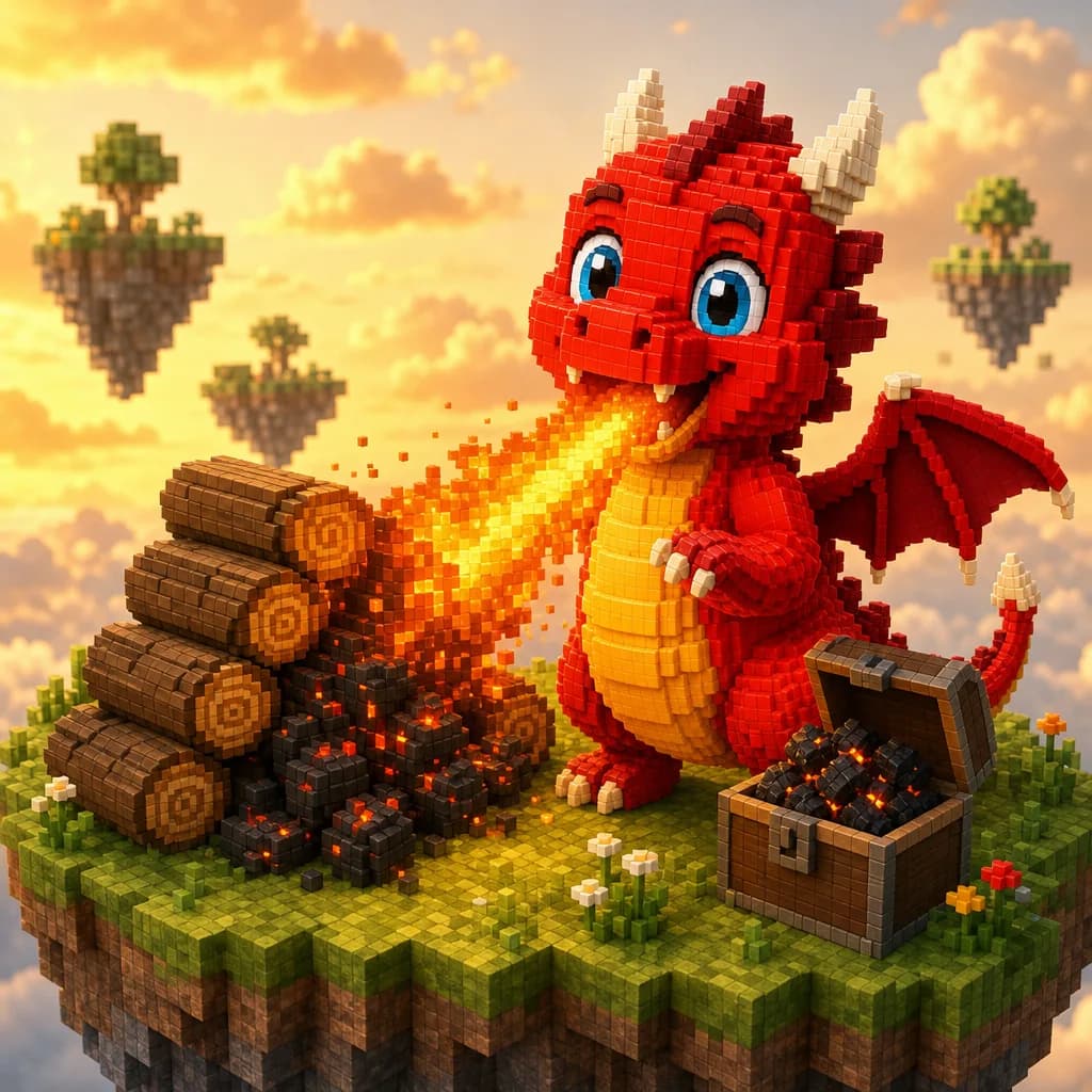 Le jeune dragon crache une flamme sur un tas de bûches qui deviennent du charbon, un coffre plein à côté.