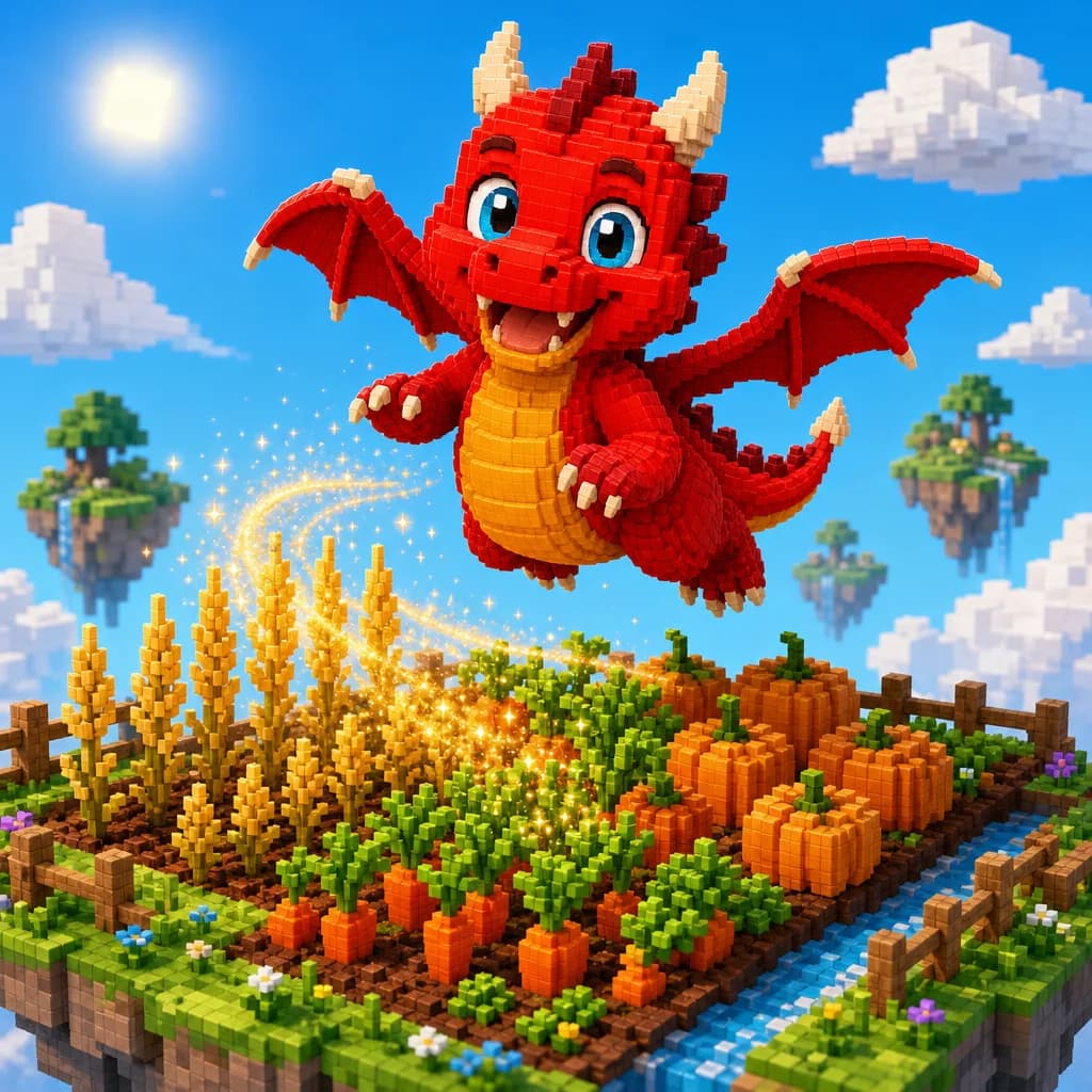 Le jeune dragon survole un champ de blé, de carottes et de citrouilles en semant des étincelles dorées.