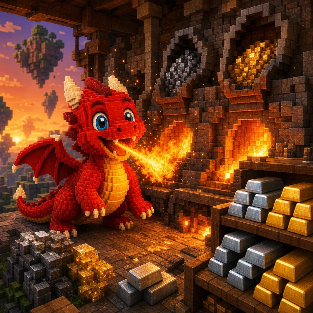 Le jeune dragon souffle dans un four en pierre, des lingots d’or et de fer posés devant.